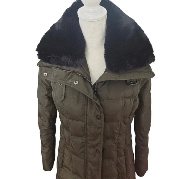 Michael Kors Women's Hooded Puffer Coat Faux Fur Down Fill Olive Green Small - Picture 3 of 8